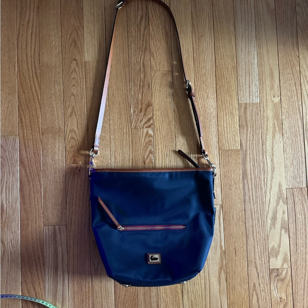 Dooney & Bourke Navy Blue with Tan Nylon Crossbody Hobo Bag.   NWOT